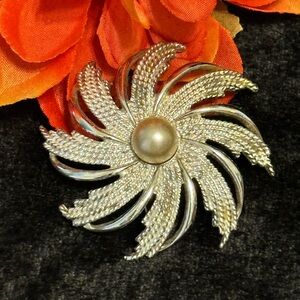 Vintage Sarah Coventry Silver Sunburst Brooch with Pearl Center